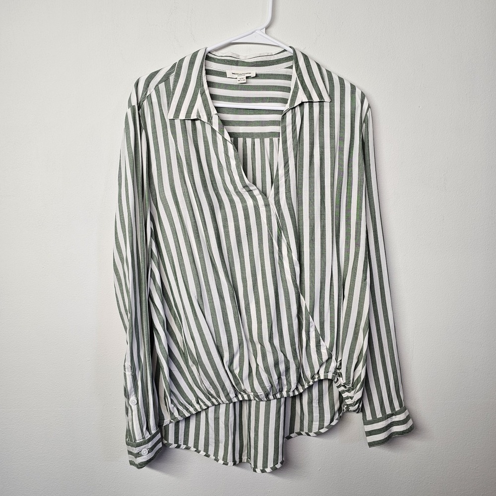 Beachlunchlounge Blouse Large Striped Long Sleeve Cross Over Front W/ Button EUC
